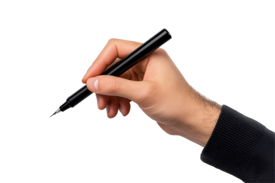 Hand holding pen transparent background png file clean white environment artistic concept