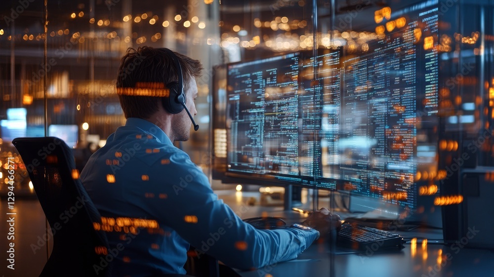 Poster remote worker analyzing data on multiple screens in a modern off