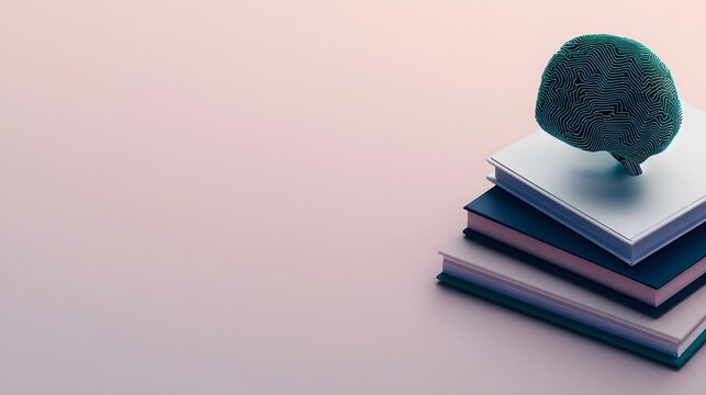 A human brain resting on a stack of books symbolizing knowledge, intelligence, and the pursuit of learning