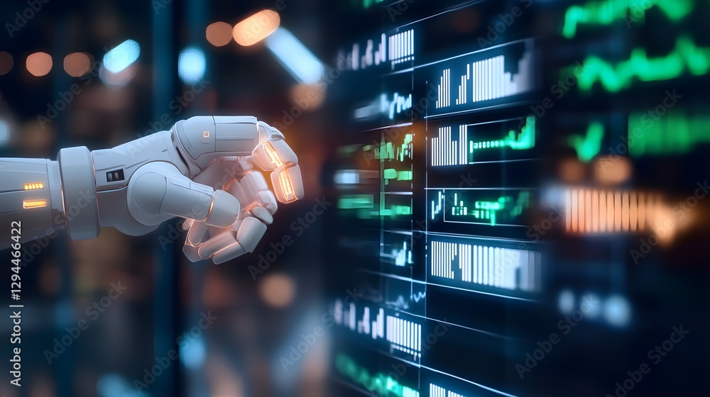 Poster a futuristic robot touching a wall filled with data representing advanced technology and artificial 