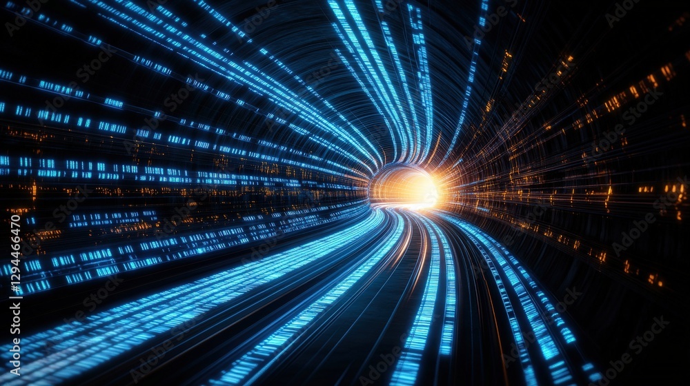 Poster futuristic tunnel illuminated by light at the end creating a sense of speed and motion