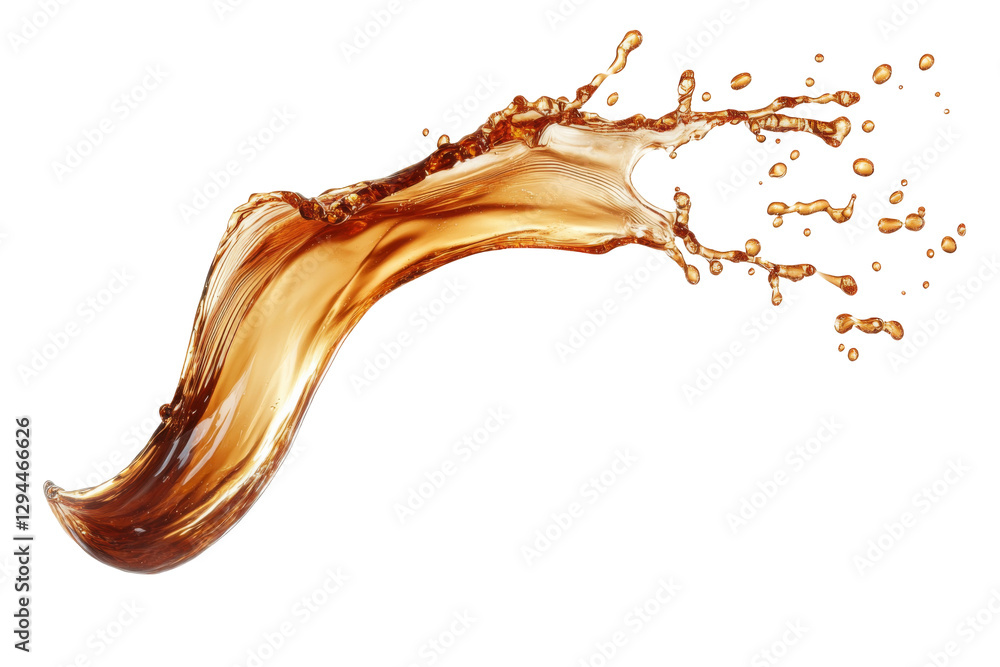 Poster dynamic splash of cola liquid on transparency background png format high contrast white