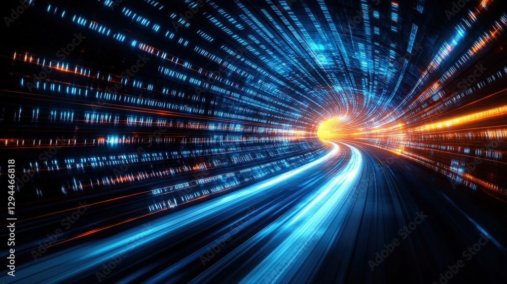Poster futuristic tunnel with light streaks and dark background conveying a sense of speed and motion