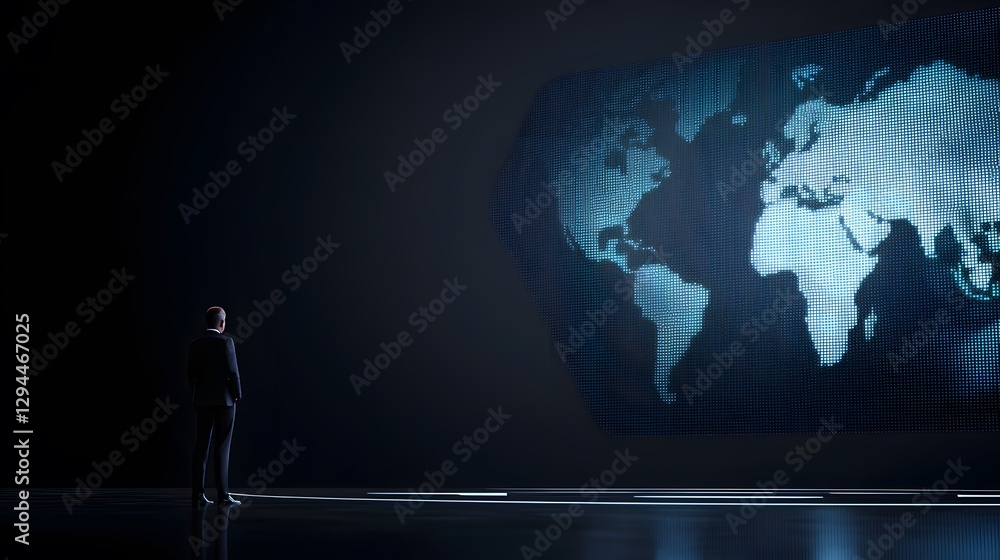 Poster professional man standing confidently in front of a large digital screen displaying informative data