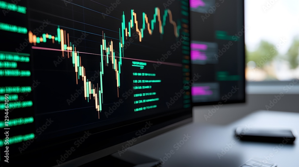 Poster computer monitor displaying a stock chart with dynamic data visualizations indicating market trends 