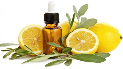 Bright and fresh composition of a citrus oil dropper bottle, lemon halves, and eucalyptus leaves, emphasizing natural wellness.