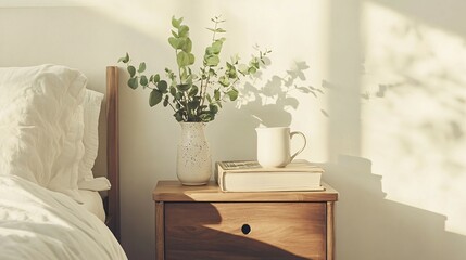 A Simple Bedroom Display Featuring a Flower Vase and Coffee Mug