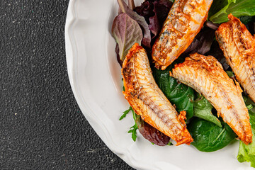 Mackerel tomato sauce canned fish seafood delicious gourmet food background on the table rustic food top view copy space keto and paleo diet vegetarian food pescetarian diet
