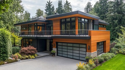 Fototapeta premium A contemporary two-story house featuring a balcony and a gated driveway.