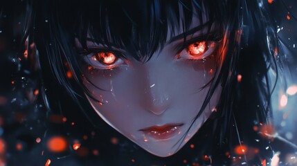 A close up anime portrait showing intense eyes with glowing light