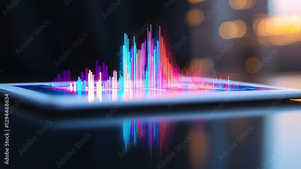 Poster smartphone displaying vibrant sound wave visualization against a dark background in a modern technol