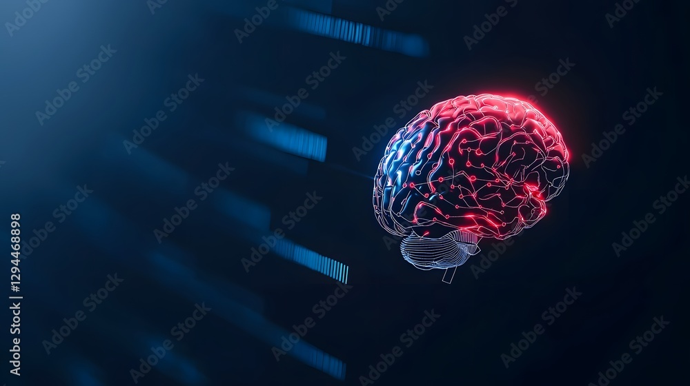 Poster brain illuminated by red light from above symbolizing intelligence and cognitive function in a futur