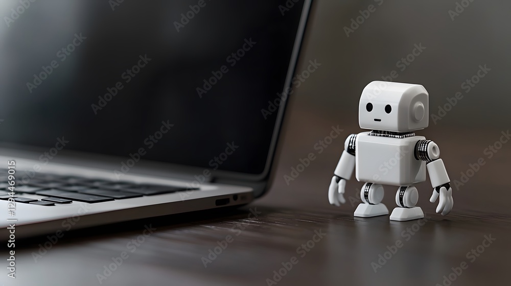 Poster humanoid robot sitting on a desk next to a laptop representing the intersection of technology and da