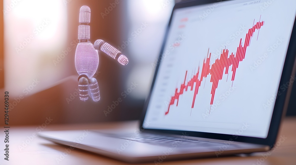 Poster humanoid robot engaged with a laptop displaying the seamless integration of robotics with modern dig