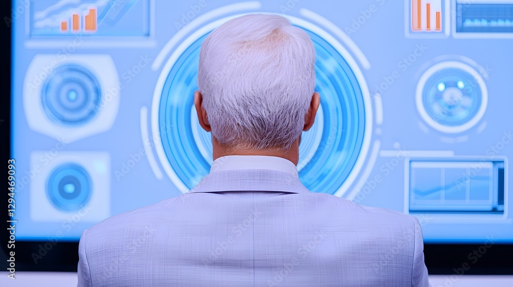 Poster person intently focusing on a bright screen displaying important information while engaged in digita