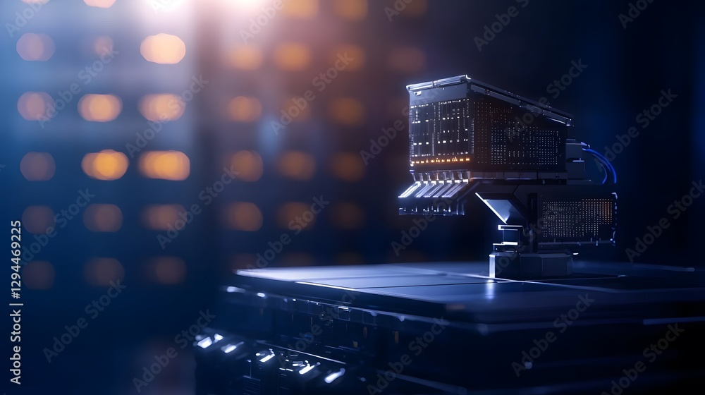 Poster computer with bright light shining on it symbolizing innovation and creativity in technology and dig