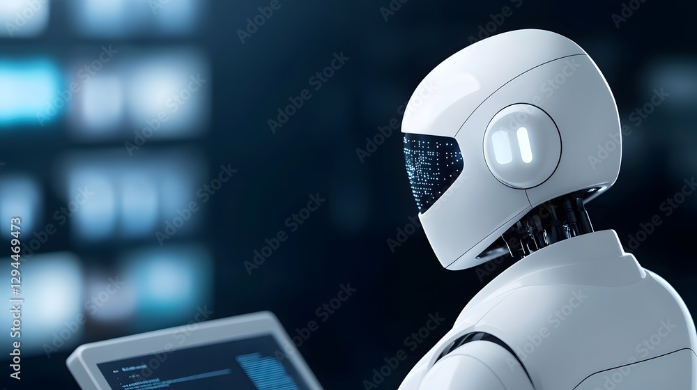Poster a futuristic robot holding a tablet device in a modern setting showcasing advanced technology and ro