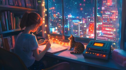 A girl sketches in a room overlooking a bright cityscape at night