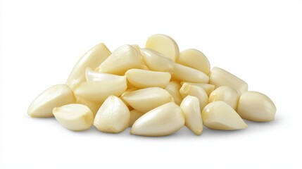 Fototapeta premium A front view of white peeled garlic cloves, isolated on a white background with a clipping path.