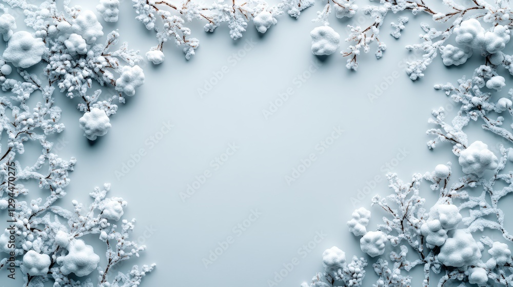 Poster snow covered branches against white background creating a winter scene with frosted texture and shim