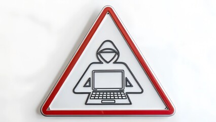 A sleek one-line sketch of a hacker icon inside a warning triangle