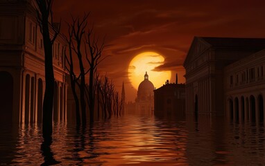 A futuristic AI-driven flood wiping away all traces of the old world, replacing it with a luminous digital utopia