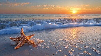 A starfish and seashells rest on the wet sandy beach