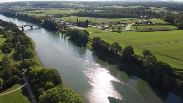 Aerial view over the River Taw with bridges in vast, lush, green fields on a sunny day in Barnstaple