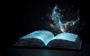 A glowing digital book that records every event in history, constantly rewriting itself as AI predicts the future