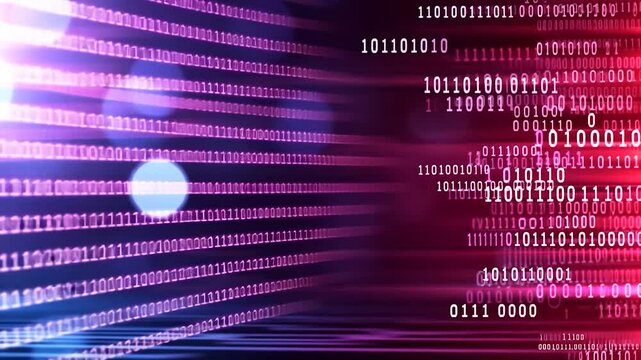 Abstract digital background featuring binary code and vibrant light patterns in motion