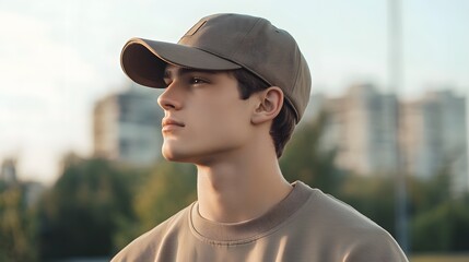 A young man wearing a cap poses in natural daylight
