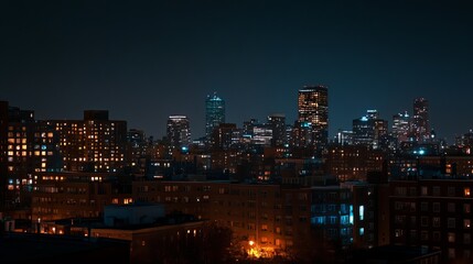 The Boston, Massachusetts downtown city skyline at night, illuminated by countless lights that reflect off the water.