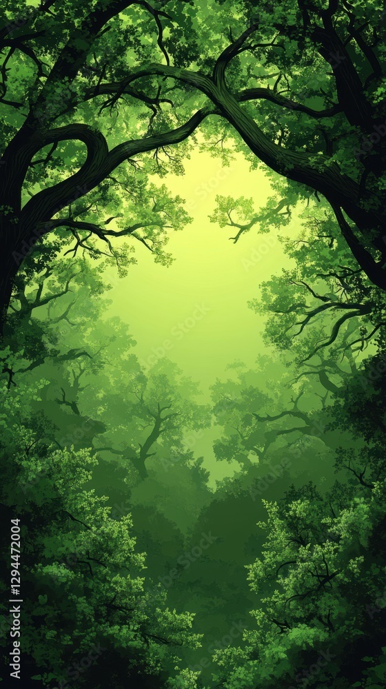 Poster enchanting forest canopy with lush green trees and sunlight filtering through leaves in a verdant sc