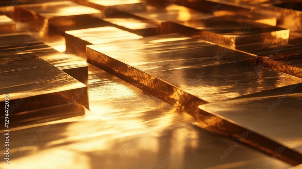 Poster abstract close-up of shiny golden metallic blocks with reflective surfaces