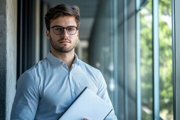 Fototapeta premium Confident businessman in glasses holding folder in a bright, modern office corridor