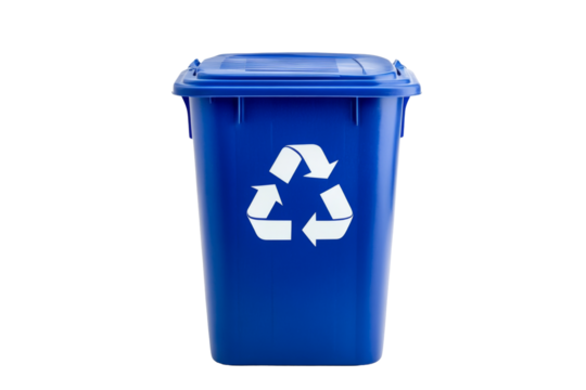 Recycling action urban environment png image of blue trash bin with transparency background white symbol