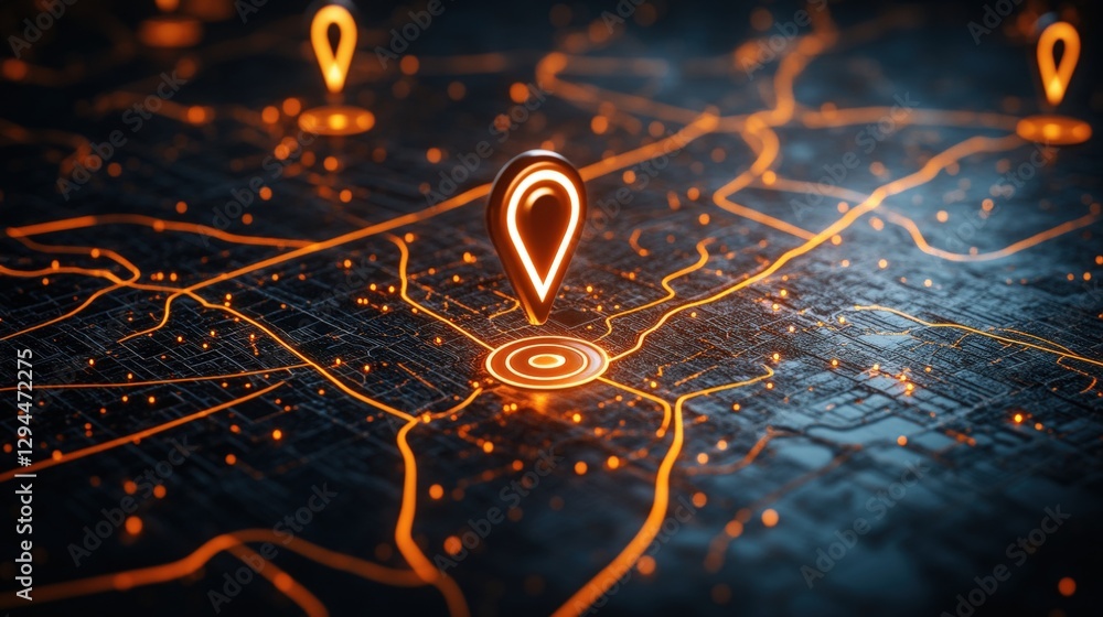 Poster light bulb on a map with futuristic gps navigation system for destination planning and travel guidan