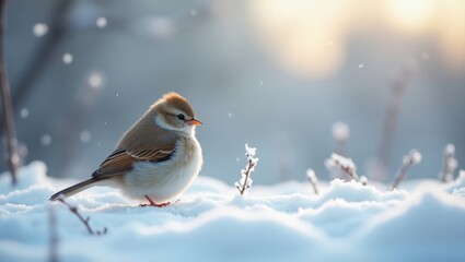 Small bird resting on snow during winter sunset