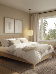 Fototapeta premium A bedroom showcases an organized wooden platform bed on its floor