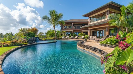 Fototapeta premium Luxurious Tropical Villa with Serene Pool and Lush Garden Surroundings