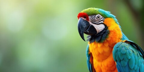 Obraz premium A Vibrant Blue-and-Gold Macaw Perched Against a Soft Green Background, Displaying Its Striking Plumage and Intricate Feather Details in a Close-Up Portrait