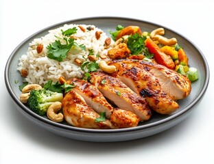 Fototapeta premium Gourmet Chicken and Rice: A culinary masterpiece of grilled chicken breast artfully arranged alongside fluffy rice, vibrant vegetables, and crunchy cashews.
