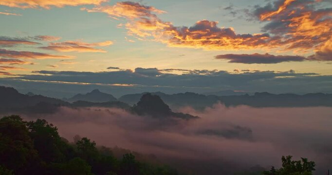 Aerial view of Sea of mist at Ban Jabo is a Black Lahu village on the Mae Hong Son Loop. The location is spectacular and the views of the mountains of Thailand and Myanmar are magnificent.