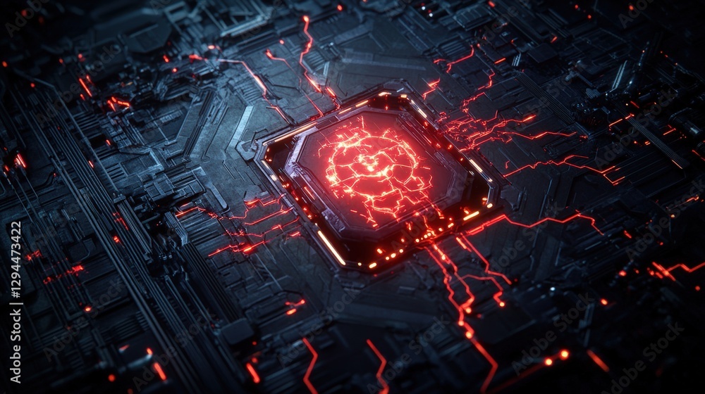 Poster futuristic computer processor with red lightning effects and advanced technology design in sci-fi st
