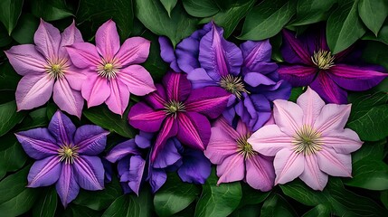 Vibrant Clematis Blooms in Lush Summer Foliage AI Generated
