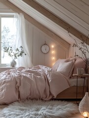 A cozy bedroom with a bed and natural window light