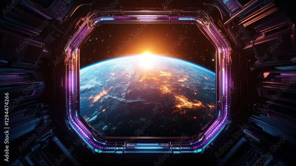 Poster view of earth from inside a futuristic space station with glowing planet visible through large windo