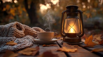 A cozy scene featuring a lantern and a warm drink