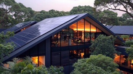 Fototapeta premium Modern Eco Friendly Home Solar Panels Sustainable Architecture Green Building Design T