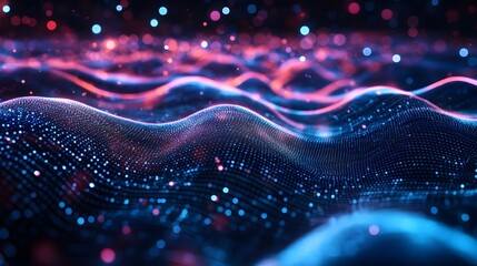 Abstract representation featuring illuminated dots forming undulating waves of light